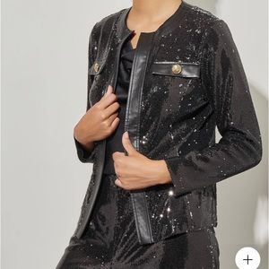 NWT Ming Wang Open Front Jacket Sequin Vegan Leather Trim, tailored fit, Size M